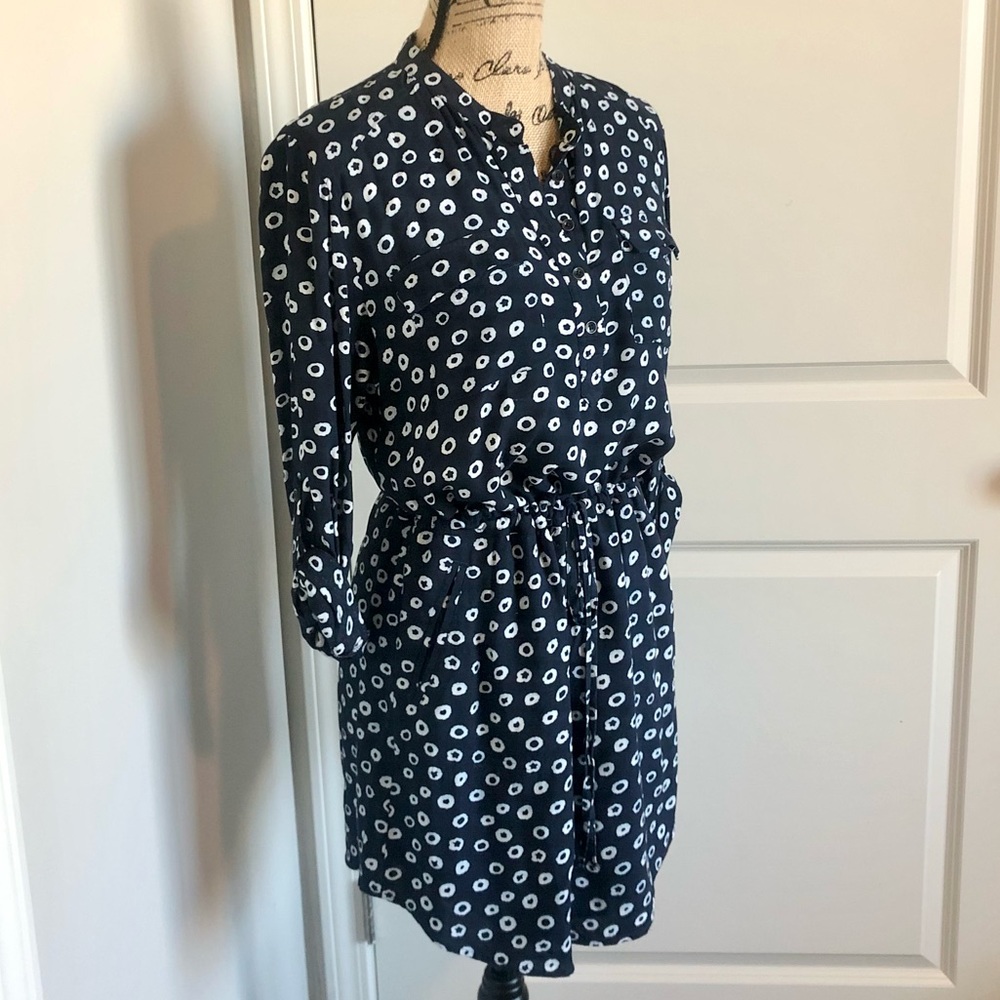 Loft Dark Blue Circle Print Tie Waist Mini Dress